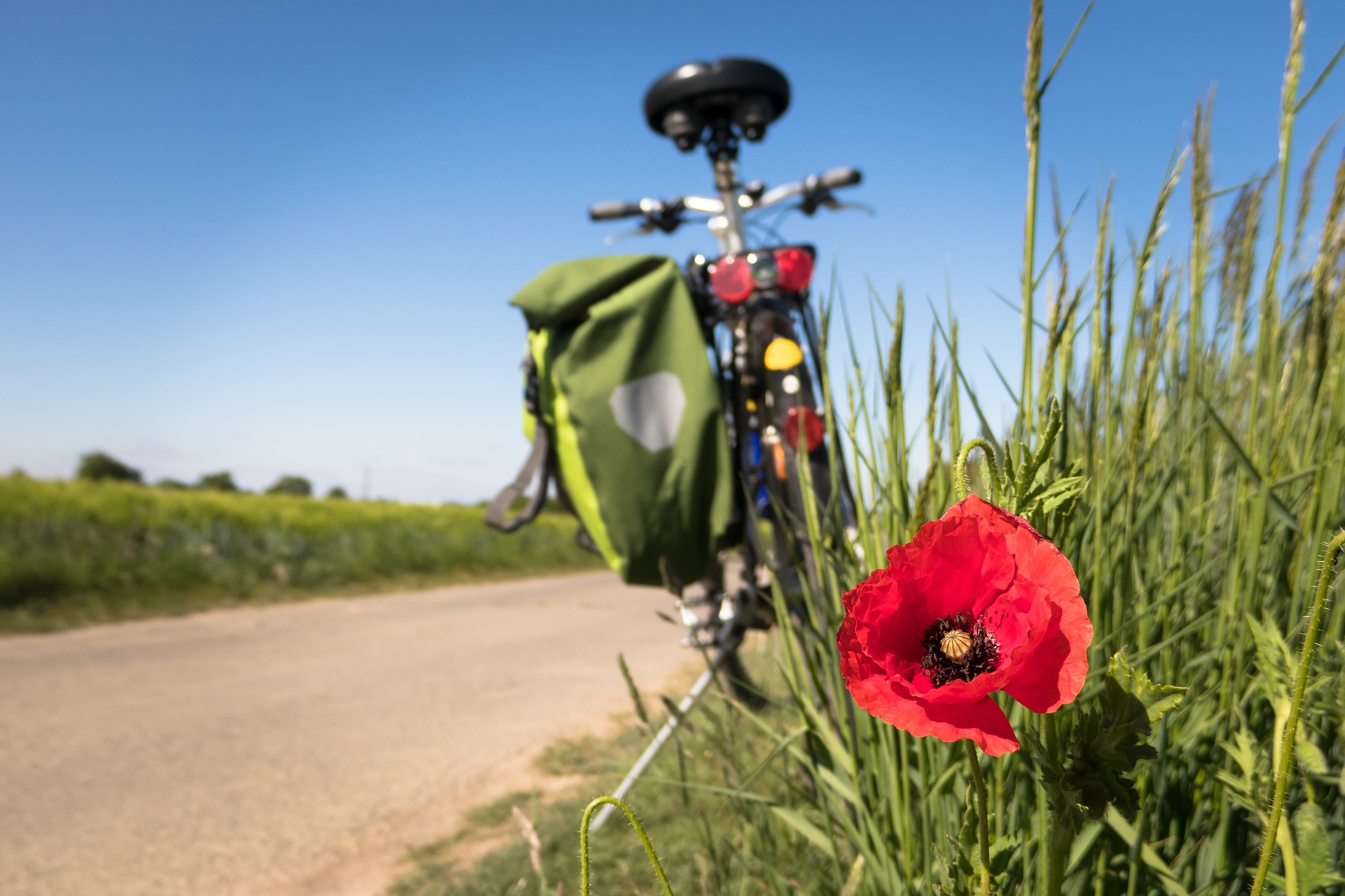 Ein Fahrrad, am Straßenrand neben einem Feld abgestellt