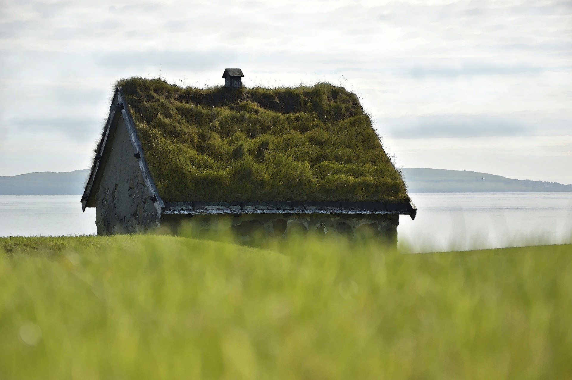 Ein einzeln auf einer Wiese stehendes Haus mit begrüntem Dach