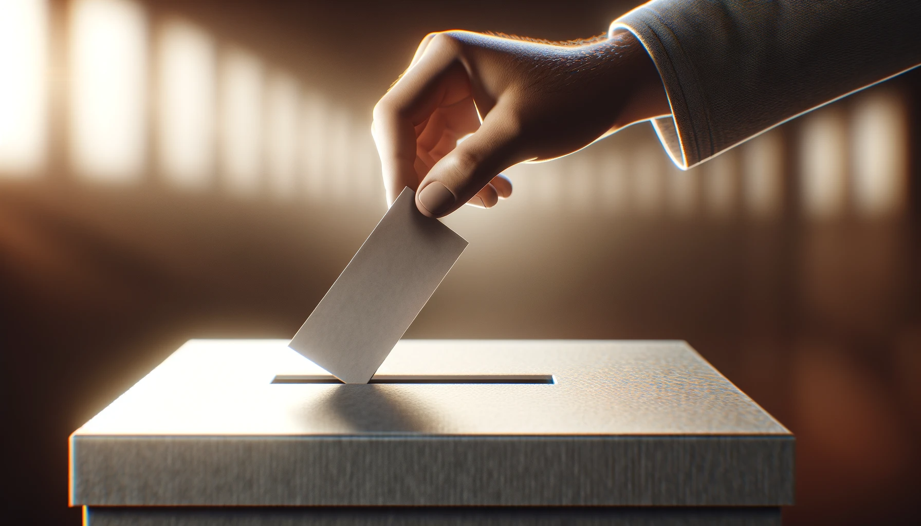 Ein Bild, das eine Hand zeigt, die einen Stimmzettel in eine Wahlurne steckt.