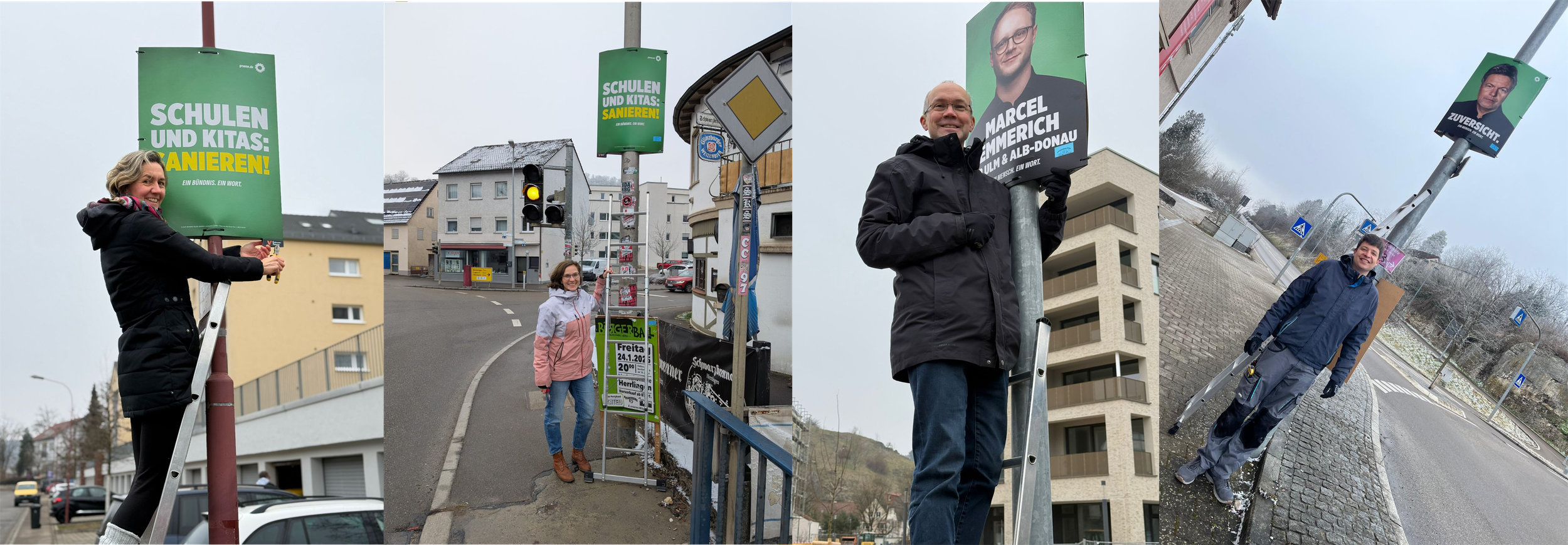 Fotomontage aus vier Bildern, auf denen jeweils frisch montierte Wahlplakate der Grünen und die Personen, die sie gerade montiert haben, zu sehen sind