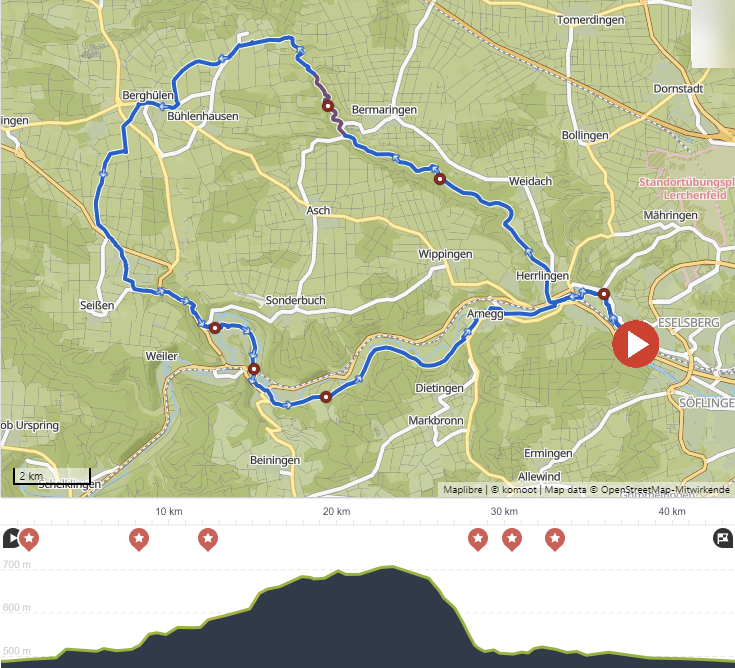 Karte und Höhenprofil der Radtour nach Berghülen/Blaubeuren