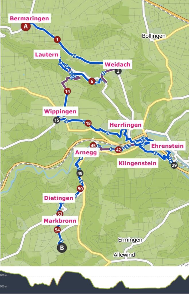 Kartenausschnitt mit der Fahrradroute von Bermaringen nach Markbronn